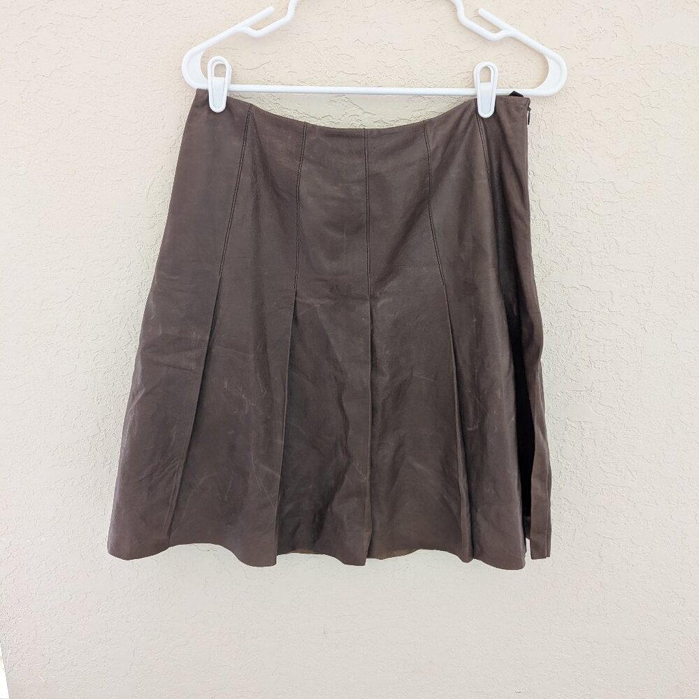 Lafayette 148 New York Genuine Leather Lined Brown Pleated Skirt Size 8